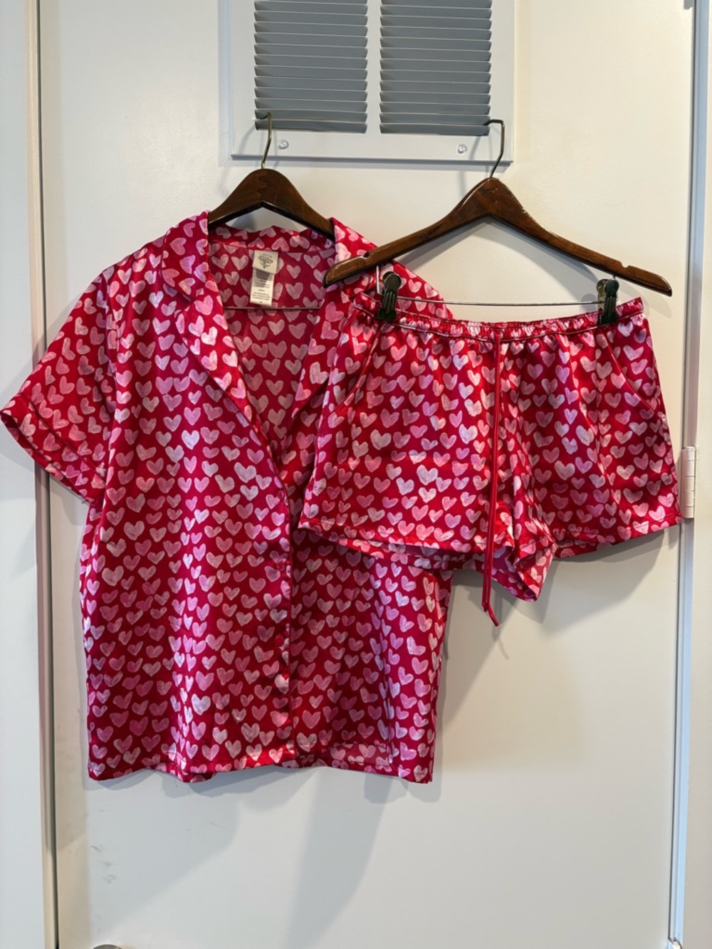 In Bloom Pink and White Heart Print Satin Pajama Set